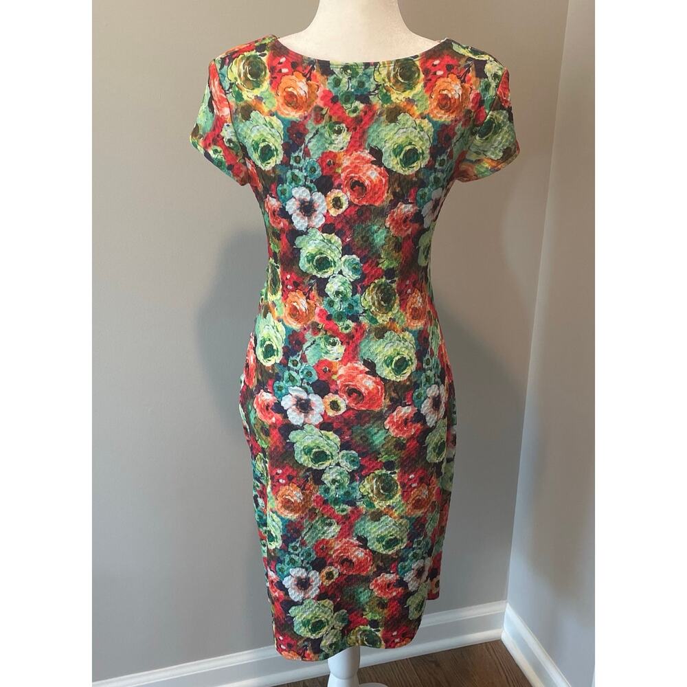 Joseph Ribkoff Sheath Floral Dress Sz 8 Colorful Ruched Stretchy V-Neck Chic - Picture 2 of 13